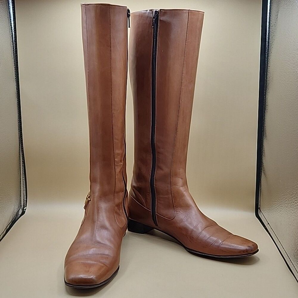 Cole Haan Country Tall Zip Leather Boots Sz 7.5B Women’s Knee High Italy Y2K Vtg